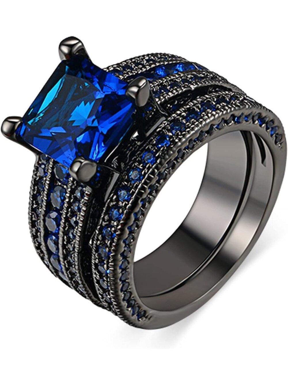 Elegant Black Gold Plated Princess Cut CZ Wedding Engagement Ring Set - 2pcs